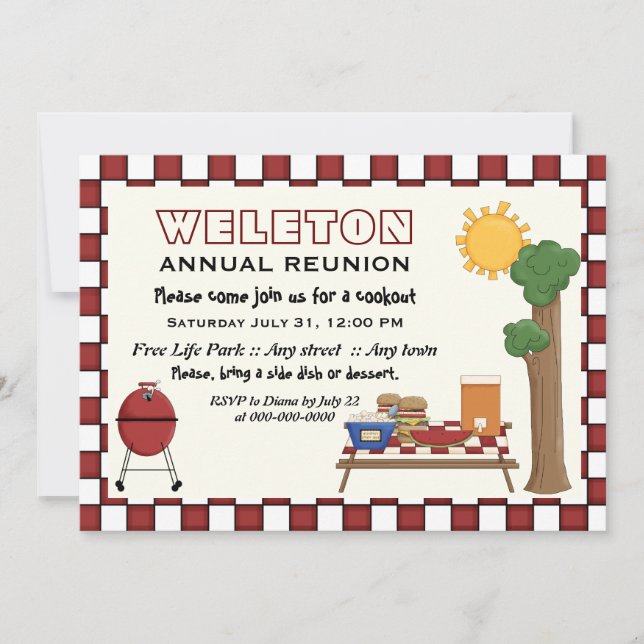 BBQ cookout picnic family reunion checkered border Invitation (Front)