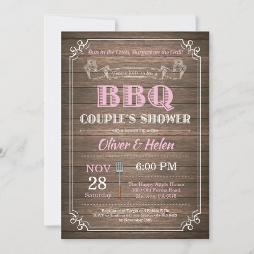 BBQ Couples Shower Invitation Rustic Wood Pink