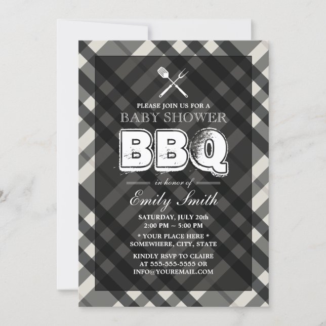 BBQ Elegant Gray Plaid Baby Shower Invitation (Front)
