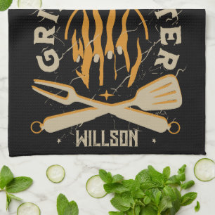 BBQ Flame Vintage Grill Typography Kitchen Towel