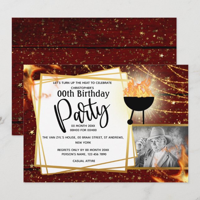 BBQ flames string lights photo ANY AGE birthday Invitation (Front/Back)
