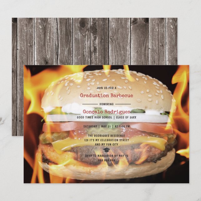 BBQ Graduation Party High School Boy Casual Rustic Invitation (Front/Back)
