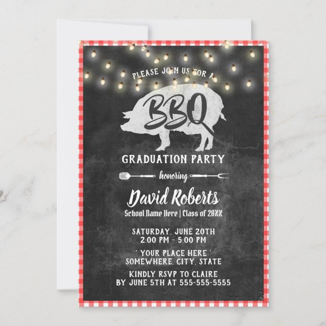 BBQ Graduation Party Vintage Red Plaid Chalkboard Invitation (Front)