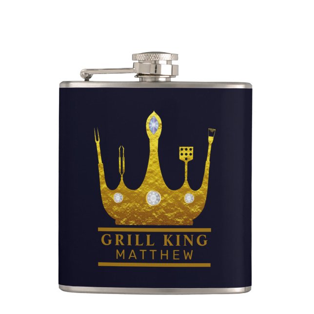 BBQ Grill King Crown Navy Make Your Own  Flask (Front)