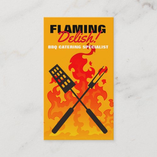 BBQ grilling tools utensils flames chef catering Business Card