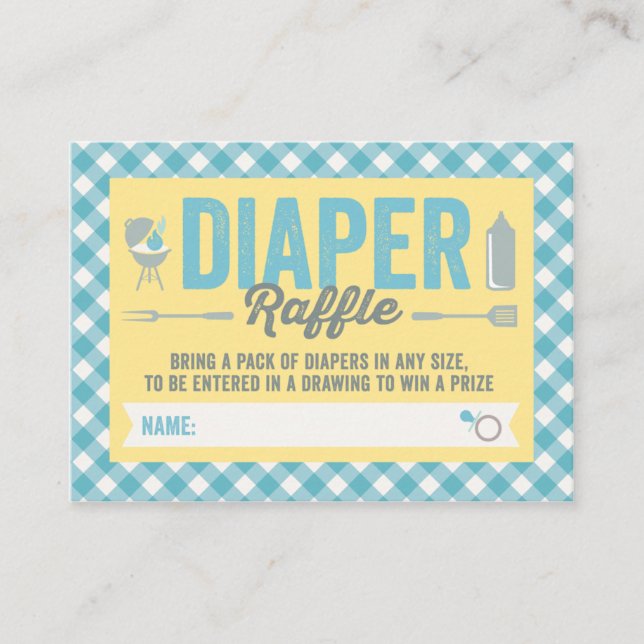 BBQ Icons Blue Checks Diaper Raffle Ticket Card (Front)