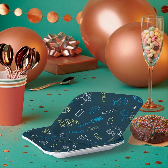 BBQ Icons Pattern Grilling Tools Meat Food  Paper Plates (Creator Uploaded)