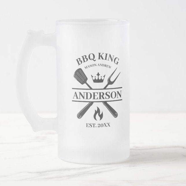 BBQ King Barbecue Personalized  Frosted Glass Beer Mug (Left)