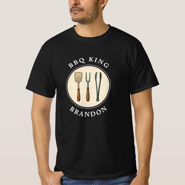 BBQ King Grilling Tools Emblem Dad Name T-Shirt (Front)