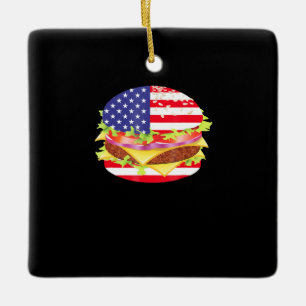 BBQ Lovers   Hamburger USA Flag 4th Of July BBQ Ceramic Ornament