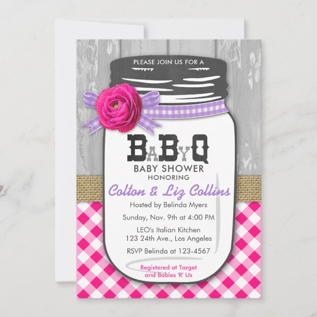 BBQ Mason Jar Baby Shower Invitation Pink & Purple (Front)
