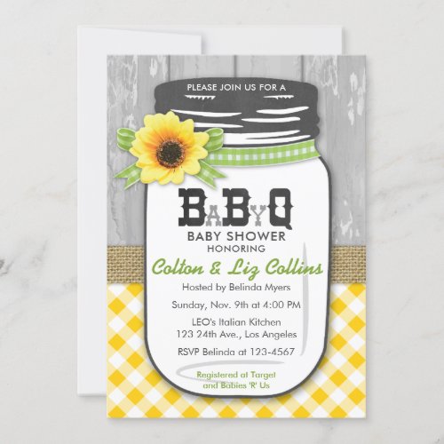 BBQ Mason Jar Baby Shower Invitation Yellow Green