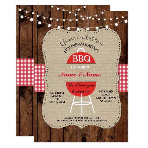 BBQ New Home Sweet HouseWarming Rustic Wood Invite