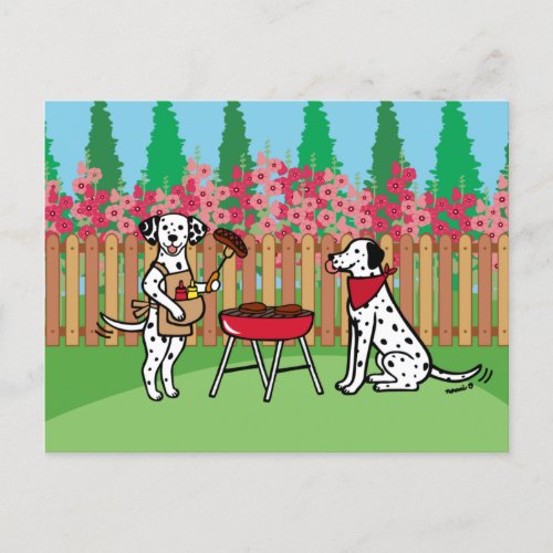 BBQ Party Dalmatians Hollyhock Flowers Cartoon Pos Postcard