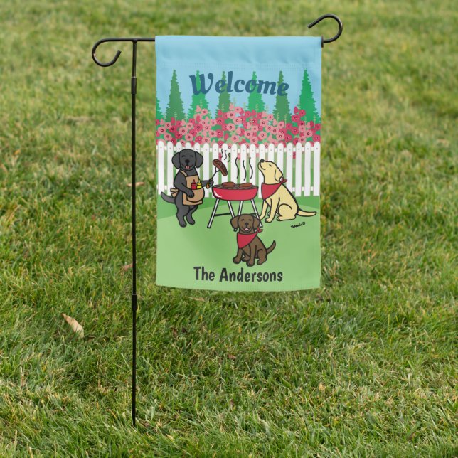 BBQ Party Labradors Hollyhock Flowers Garden Flag (In SItu)