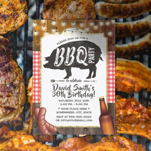 BBQ Pig Roast Birthday Party Rustic Barn Wood Invitation