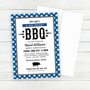 BBQ Pig Roast Blue Gingham Birthday Invitation