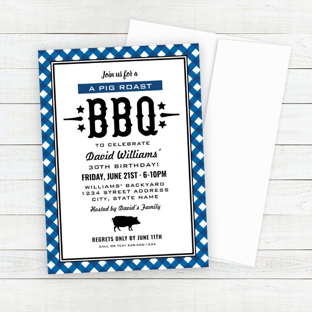BBQ Pig Roast Blue Gingham Birthday Invitation (Creator Uploaded)