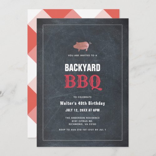 BBQ Pig Roast Chalkboard Red Adult Birthday Invitation