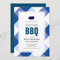 BBQ Pig Roast Navy Gingham Adult Birthday Invitation