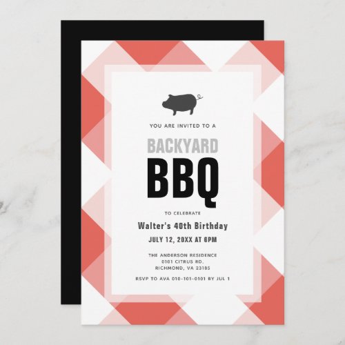 BBQ Pig Roast Red Gingham Adult Birthday Invitation