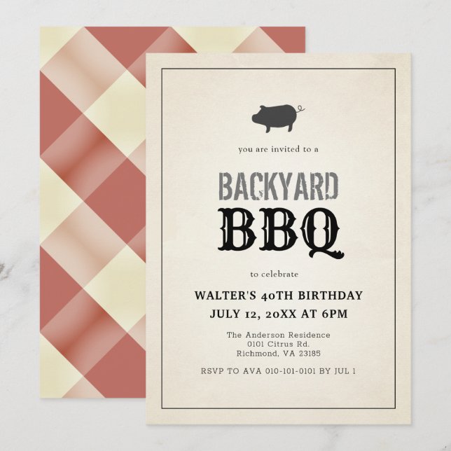 BBQ Pig Roast Vintage Red Gingham Adult Birthday Invitation (Front/Back)