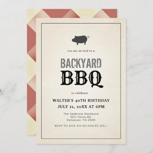 BBQ Pig Roast Vintage Red Gingham Adult Birthday Invitation