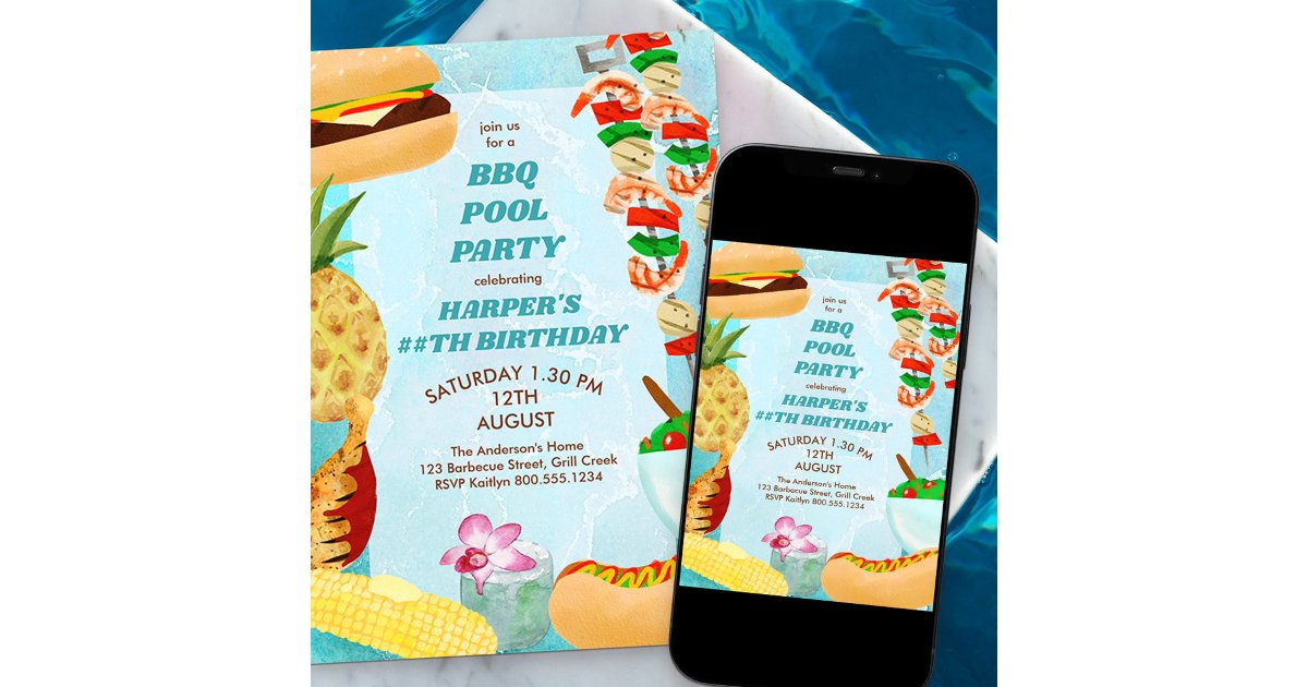 BBQ Pool Party Birthday Invitation | Zazzle