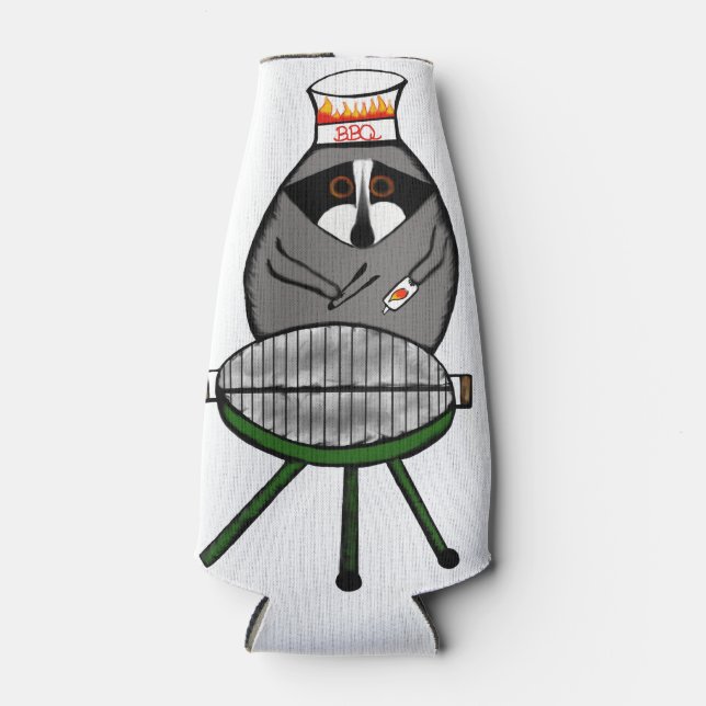 BBQ Raccoon on Bottle Cozie Cooler (Front)