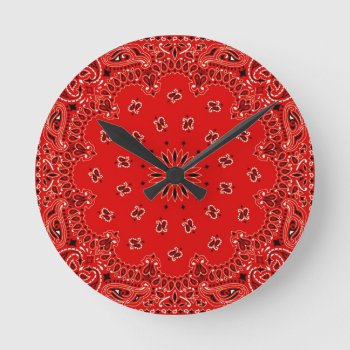 Bbq Red Paisley Western Bandana Scarf Print Round Clock by PrintTiques at Zazzle