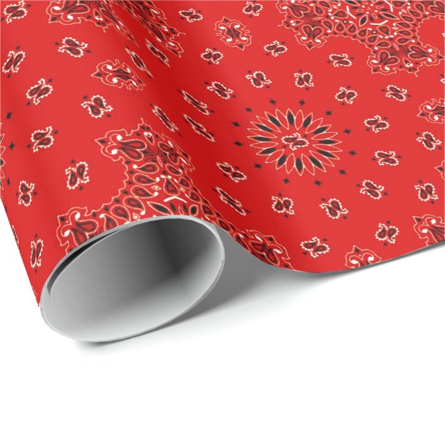 BBQ Red Paisley Western Bandana Scarf Print Wrapping Paper (Roll Corner)
