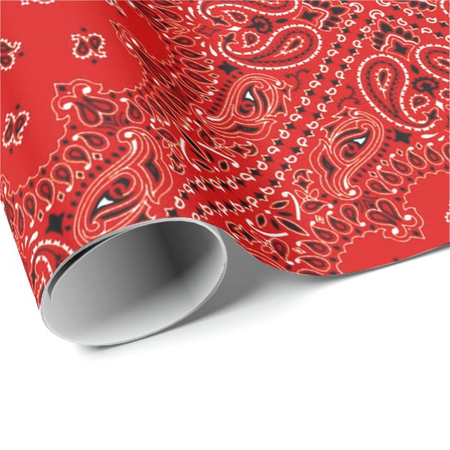 BBQ Red Paisley Western Bandana Scarf Print Wrapping Paper (Roll Corner)