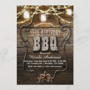 BBQ Rustic Wood Mason Jars Lights Birthday Party Invitation