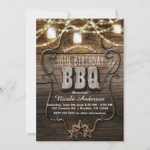 BBQ Rustic Wood Mason Jars Lights Birthday Party Invitation