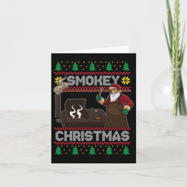 Bbq Santa Grilling Roast On Smoker Ugly Smokey Chr Card (Front)