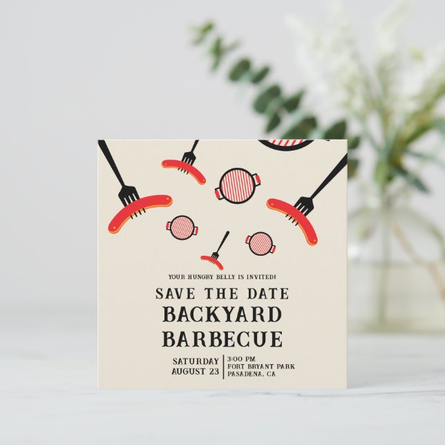 BBQ Save the Date Card with Grill & Fork (Standing Front)