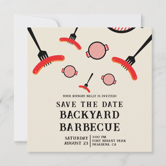 BBQ Save the Date Card with Grill & Fork (Front)