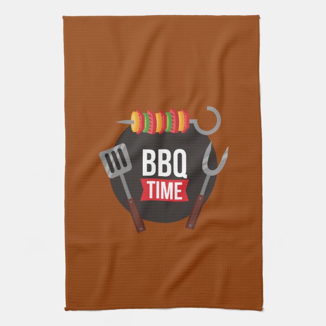 BBQ Time Modern trendy chic stylish cute brown Kitchen Towel (Vertical)
