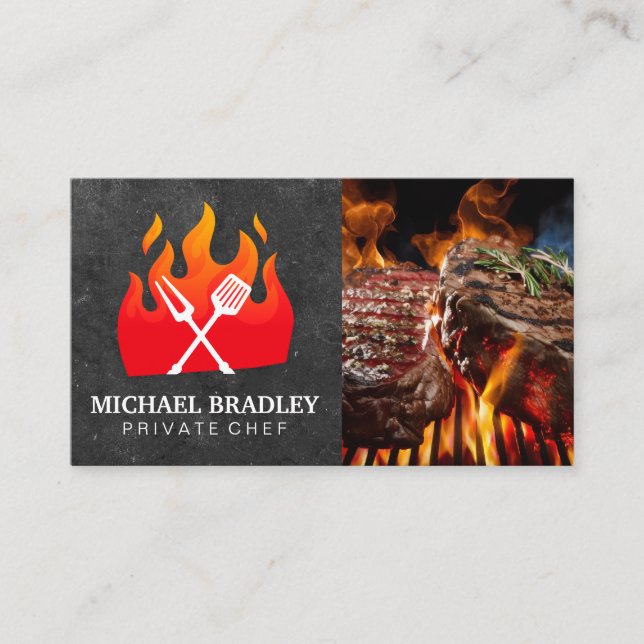 BBQ Tools Flame Logo | Grilled Steaks Business Card (Front)