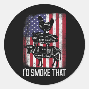 Bbq Usa Flag I'd Smoke That Beef Pork Chicken Butc Classic Round Sticker