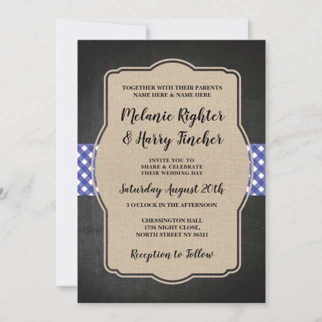 BBQ Wedding Invite Blue Gingham Chalk Burlap (Front)