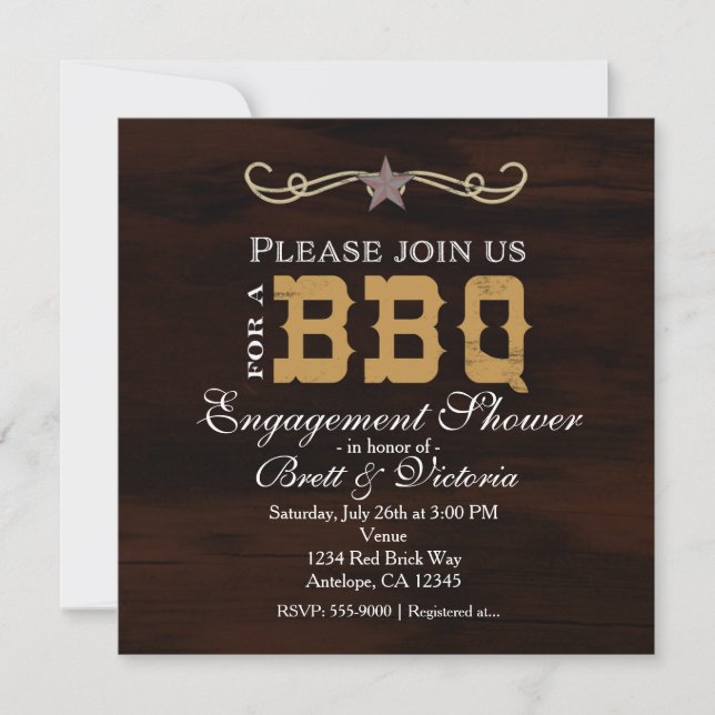 BBQ Western Wood Engagement Couples Shower Party Invitation (Front)