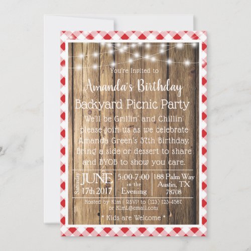 BBQ Wood Rustic Red Gingham Picnic Birthday Party Invitation