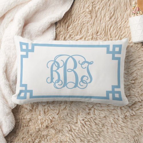 BBT Sky Blue Greek Key Script Monogram Lumbar Pillow