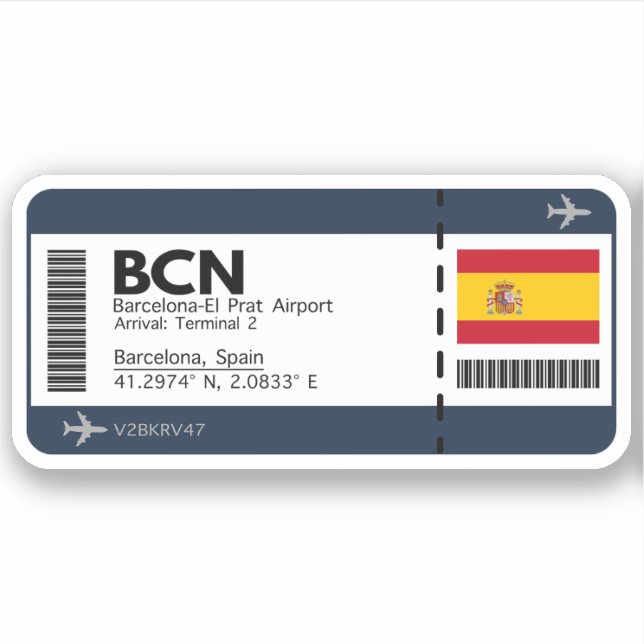 BCN Barcelona Boarding Pass - Spain Ticket Sticker (Front)