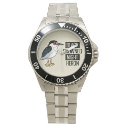 Black-crowned Night Heron with Black & White Text Men's Stainless Steel Bracelet Watch