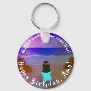 B'day Big Dreamer! Girls Beach Birthday Painting Keychain