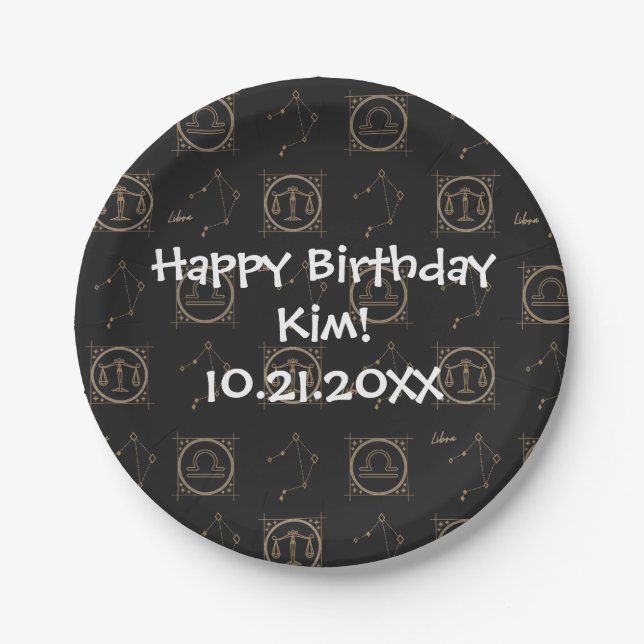 Bday Black & Gold Zodiac Libra Astrology Star Sign Paper Plates (Front)