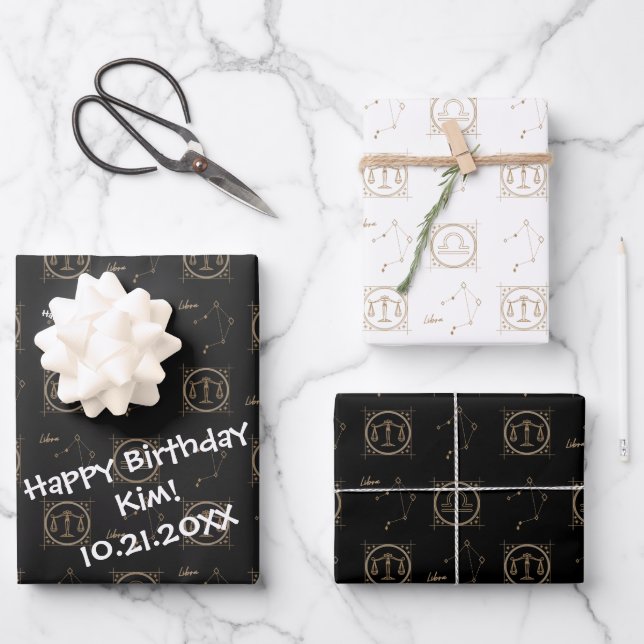 Bday Black & Gold Zodiac Libra Astrology Star Sign Wrapping Paper Sheets (Front)