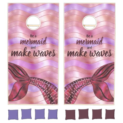 Be a Mermaid Make Waves Fun Holographic Rose Gold Cornhole Set